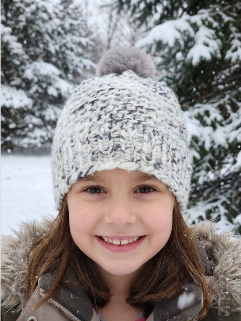 Cozy Grey Pom Pom Knit Beanie - Kids